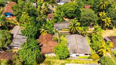 Sri Lanka 'da yeşilliklerin ortasında geleneksel evler. Havadan bakıldığında, Sri Lanka köyündeki geleneksel evleri çevreleyen canlı bitki örtüsü kırsal yaşamı ön plana çıkarıyor..