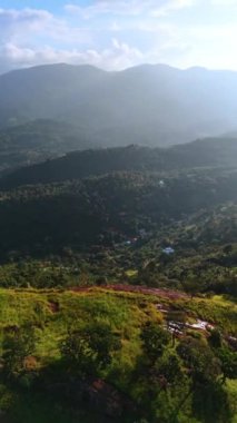 Üzerinde kulübeler bulunan göz kamaştırıcı yeşil dağlar. Güzel Sri Lanka 'nın Rocky manzarası. Dikey video.