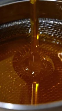 Metal eleğe organik taze bal dökülüyor. Çıkarmadan hemen sonra bal süzüyor. Kapatın. Dikey video