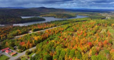 Güzel nehrin yanındaki engin renkli orman. Gökyüzü manzaranın üzerindedir. Manzaranın hava görüntüsü.