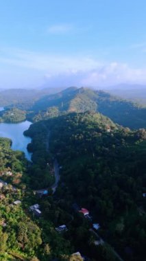 Sri Lanka 'nın dağlık manzarasının göz kamaştırıcı manzarası. Yeşilliklerin arasındaki kayalıklarda bulunan kulübeler. Ormanlarla kaplı dağların göz kamaştırıcı manzarası. Dikey video.