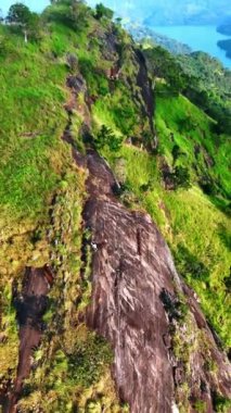 Yeşil çimenler ve çalılarla kaplı nefes kesen büyük dağlar. Sri Lanka 'nın muhteşem manzarası tepeden. Dikey video.