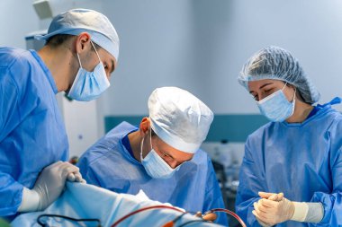 Steril odada cerrahi ekip. Kendini adamış bir cerrahi ekip, klinik ortamda hassasiyet ve güvenliği sağlayacak bir prosedürü dikkatle gerçekleştirir..