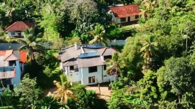 Bazı kulübeler yeşil tropikal ormanda yer alır. Sri Lanka 'daki yerleşim bölgesi için hava perspektifi.