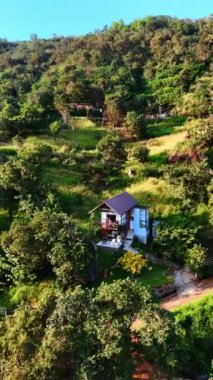 Dağ yamacındaki ağaçların arasında küçük rahat bir ev. İnsansız hava aracı kulübeden uzaklaşıyor. Sri Lanka. Dikey video.