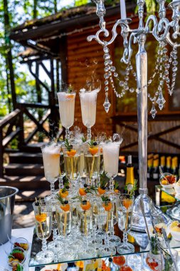 Açık hava etkinliğinde şık şampanya kulesi. Şaşırtıcı bir şampanya kulesi ormanda şenlikli bir kutlama için meyve ve süslerle dışarıda duruyor..