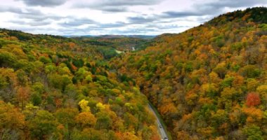 Arabalar dağların eteğindeki otoyolun yanından geçiyor. Sonbaharda renkli ormanlarla kaplı kayalıklardaki hava manzarası.
