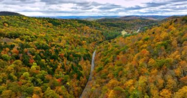 Resimli dağlık araziyi geçen otoban. Sonbaharda Vermont, New England, ABD 'nin ağaçlık manzarasında insansız hava aracı görüntüleri..