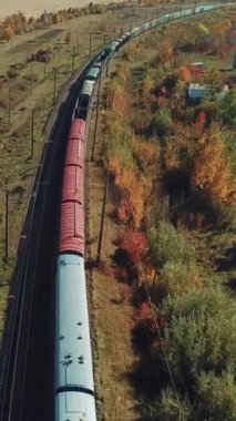 Yapı malzemeleriyle dolu uzun bir yük treni güneşli bir yaz gününde tarlaların ve ormanların arka planında demiryolu ile hareket ediyor. Hava görünümü