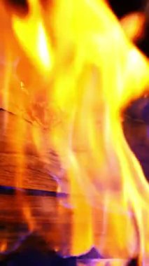 Ahşap üzerinde mavi ve turuncu alev. Şöminede yangın çıktı. Siyah arka planda parlak bir alev. Yanan ahşap kütükler. Yakın plan. Dikey video