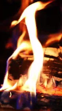 Şöminede yanan odun. Şöminede sıcacık bir ateş. Ahşap odunların üzerinde güzel turuncu ateş alevi. Yakın plan. Dikey video