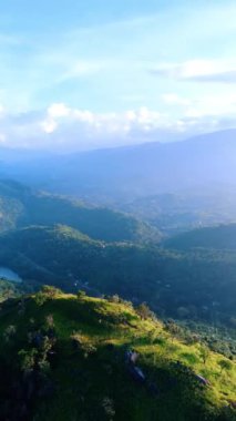 Parlak güneşle parlayan Sri Lanka 'nın dağlık manzarası. Resimli doğa manzarası ve ormanlar arasında özel evler. Dikey video.