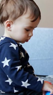 Küçük tatlı çocuk yerde piramitle oynuyor. Siyah evcil kedi oyuncaklarla meşgul olarak bebeğin etrafında dolaşıyor. Dikey video