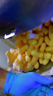 Tatlı altın mısır çubuğu fabrikası. Puff corn yaklaşıyor. Dikey video