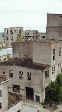 Terk edilmiş endüstriyel fabrika binası, yıkım ve yıkım konsepti. Hava görüntüsü. Dikey video
