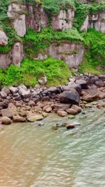 Yavaş deniz dalgaları kıyıya birden fazla kaya parçasıyla ulaşır. Su yüzeyinde yeşillik olan yüksek kayalar. Dikey video.