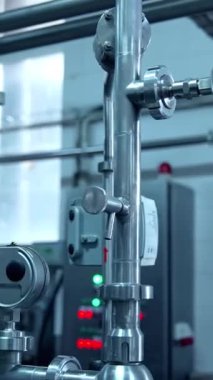 Süt fabrikasında süt üretimi. Metal borular ve süt çiftliğinin içindeki yeni teknoloji tüpleri. Süt ürünleri fabrikasında otomatik ekipman dikey video.