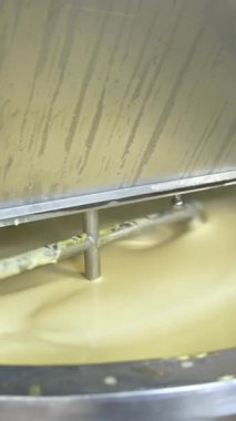 Tereyağı üretimi. Tereyağı yapmak için süt ürünlerini karıştıran otomatik ekipman. Süt çiftliğinde taze tereyağı yapma süreci. Yakın plan dikey video.