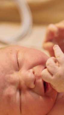 Masada ağlayan yeni doğmuş bebek. Lateks eldivenli doktor teli bir çocuğun eline bağlıyor. Kapatın. Dikey video