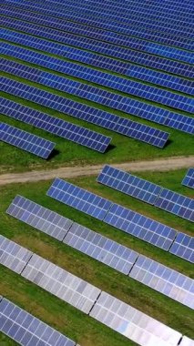 Güneş panelleri yeşil yenilenebilir enerji tarlası. Güneş panellerine sahip güçlü istasyon, sahada güneş ışığının yardımıyla elektrik akımı üretir. Yörünge görüntüsü. Dikey video