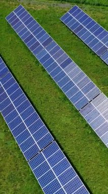 Güneş ışığı altında güneş panelleri. Photovoltaik paneller yeşil yenilenebilir enerji çiftliği sahada. Kamera yükseliyor. Hava görüntüsü. Alternatif enerji kaynağı. Dikey video