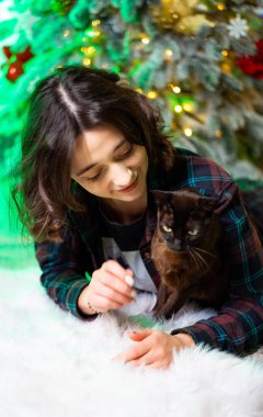 İçeride kediyle oynayan gülümseyen kadın. Bir kadın kedisiyle vakit geçirmekten zevk alır. Etrafı şenlikli dekorasyonlarla çevrili yumuşak bir yüzeyde yatarken..