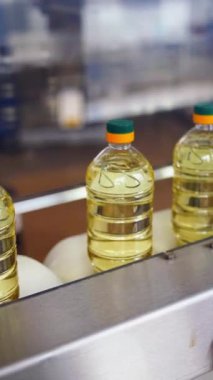 Fabrikada petrol üretimi. Şişelerdeki ayçiçeği yağı üretim hattında ilerliyor. Rafine ayçiçeği yağı üretim fabrikası. Dikey video