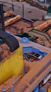 Bıçkıhane. Ağaç kabuklarını ağaç kütüklerinden temizleme işlemi. Taşıyıcılı özel makineler. Fabrikada ağır teknisyen, kereste endüstrisi. Yukarıdan bak. Dikey video