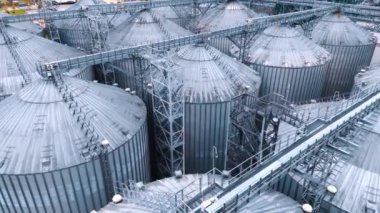Birbirine bağlı devasa metal ambar tankları. Tarım fabrikasındaki tahıl depolama silosu için hava perspektifi.