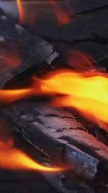 Ateşle. Odunların yakını alevlerle yanıyor. Yavaş çekim Dikey video