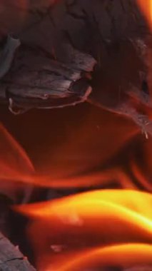 Ateş alevi kavramı. Gerçek alevler odunları küle çeviriyor. Dikey video
