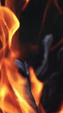 Parlak, yanan ahşap ağır çekim. Alev ve canlı kömür damlaları. Dikey video