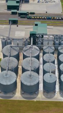 Tahıl ambarları olan yeni sanayi kompleksi. Kırsal bölgedeki tahıl deposu tankları. Kırsal alanda büyük gümüş uçlu modern tahıl kurutma çiftliği. Yukarıdan bak. Dikey video