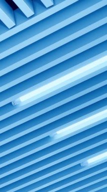 Kabartmalı tavanda parlak beyaz bir ışık var. Uzun lambalar çalışıyor. Düşük açılı bakış açısı. Dikey video