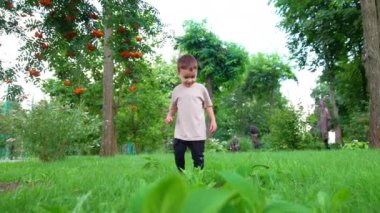 Dışarıdaki taze yeşil çimlerin üzerinde tatlı bir çocuk duruyor. Toddler topunu alır ve kaçar. Düşük açı görünümü.