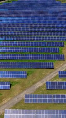 Güneş panelleri güneş ışığında çiftçilik yapar. Photovoltaik hücre panelleri devrede. Yenilenebilir alternatif yeşil enerji kavramı. Geleceğin teknolojisi. Hava görüntüsü. Dikey video