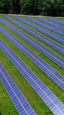 Yeşil alanda uzun, güneşli bataryalar. Güneşten temiz ekolojik enerji almak için yenilikçi bir teknoloji. Yazın güneş enerjisi çiftliği. Hava uçuşu. Dikey video