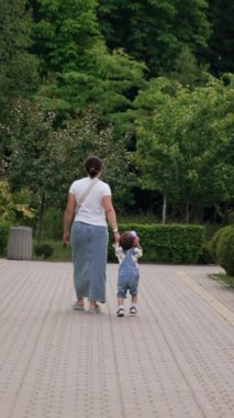 Koyu renk saçlı bir kadının bir bebekle el ele yürümesi. Anne ve oğlu yazın parkta yürüyorlar. Dikey video