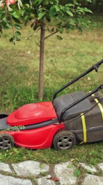 Bahçe çim biçme. Çim biçme makinesi arka bahçede yeşil çim biçiyor.