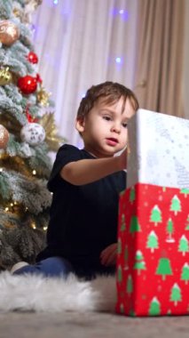 Siyah tişörtlü sevimli çocuk Noel ağacının yanında oturuyor. Çocuk hediye kutularını düşmesi için zorluyor ve siyah kedi onu izliyor. Dikey video