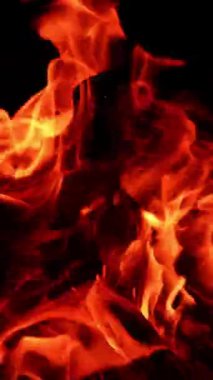 Yakacak odun güzel manzara. Koyu arkaplanda kırmızı alev. Dikey video