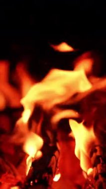 Şömineye yakın alevler parlıyor. Odun yakmak için sıcak bir yer. Dikey video