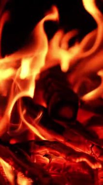 Kırmızı alevli kamp ateşi parlıyor. Karanlık gece manzaralı şömine. Dikey video