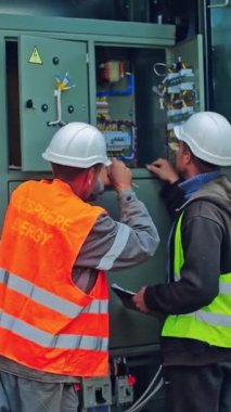 Güneş panelleri dönüştürücü. Elektrik mühendisleri güneş enerjisi santralinde elektrik kutusunu tamir ediyorlar.