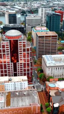 Amerikan Portland modern şehir hava manzarası. Şehir manzaralarının insansız hava aracı görüntüleri. Dikey video
