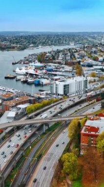 Seattle şehrinin hava manzarası. Amerikan panoramik şehir açık havada. Dikey video