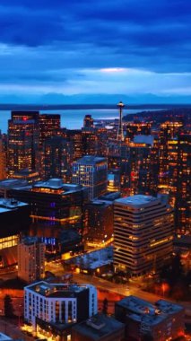 Gece hayatı Amerikan insansız hava aracı. Seattle 'ın gece yarısı caddesi. Dikey video