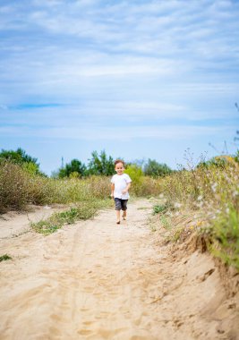 Doğada kumlu bir yolda yürüyen bir çocuk. Genç bir çocuk, parlak mavi gökyüzünün altında kumlu bir patika boyunca uzun otlar ve yeşillikler arasında neşeyle yürüyor..