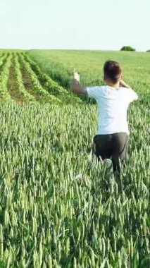 Oğlan buğday tarlası boyunca koşar. Ağır çekim. Dikey video