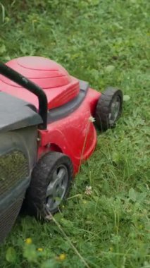 Köy evinin yakınındaki çim biçme makinesinin yanında çim biçen genç kadın bacakları. Dikey video